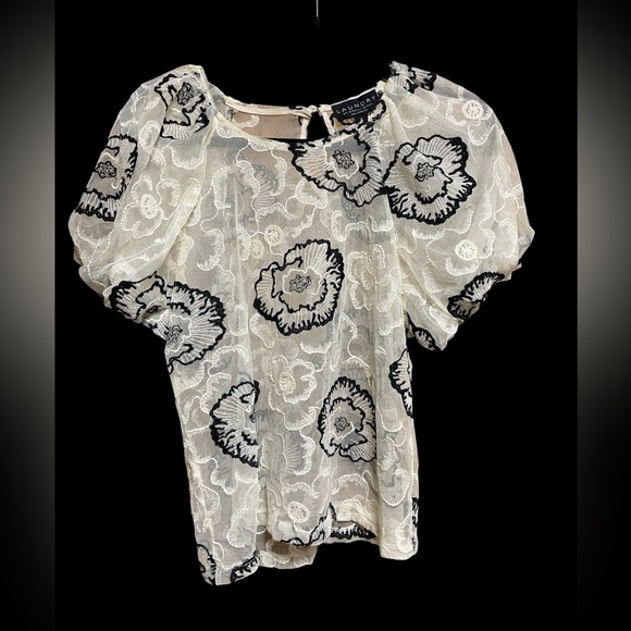 Laundry By Shelli Segal Embroidered Puff Slv Floral Sheer Mesh Top/Marshmallow M - Picture 1 of 5